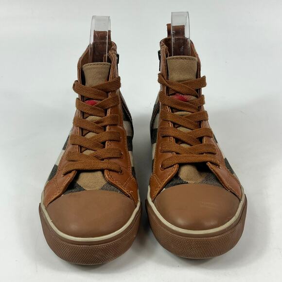 Burberry Kids Sz 2 (33) Nova Check High Top Sneakers Brown Tan Canvas Leather - Picture 2 of 11